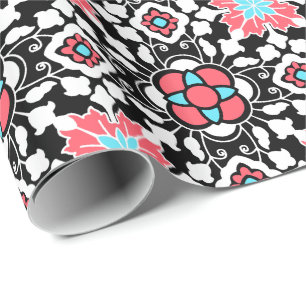 Floral Moroccan Tile, Black, White and Coral Pink Wrapping Paper