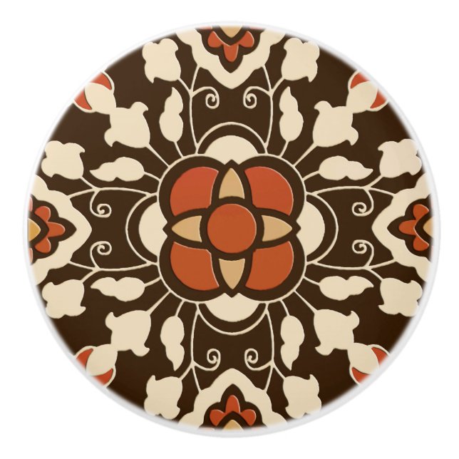 Floral Moroccan Tile, Brown, Rust and Beige Ceramic Knob (Front)