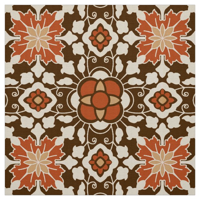 Floral Moroccan Tile, Brown, Rust and Beige Fabric (Swatch)