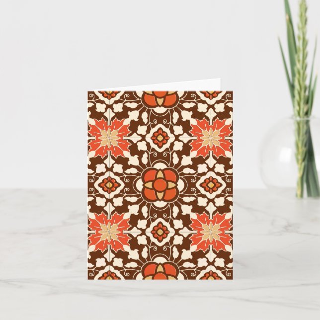 Floral Moroccan Tile, Brown, Rust and Beige Holiday Card (Front)
