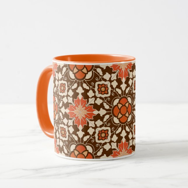 Floral Moroccan Tile, Brown, Rust and Beige Mug (Front Left)