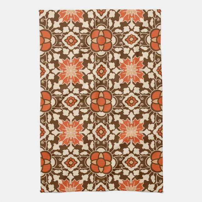 Floral Moroccan Tile, Brown, Rust and Beige Tea Towel (Vertical)