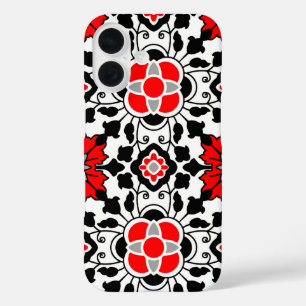 Floral Moroccan Tile, Deep Red, Black  and White iPhone 16 Case