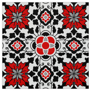 Floral Moroccan Tile, Deep Red, Black  and White Fabric