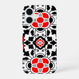 Floral Moroccan Tile, Deep Red, Black and White iPhone 16 Case