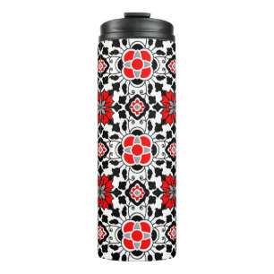 Floral Moroccan Tile, Deep Red, Black and White Thermal Tumbler