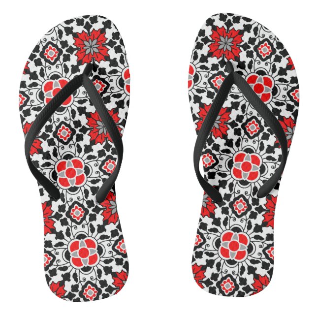Floral Moroccan Tile, Deep Red, Black  and White Thongs (Footbed)