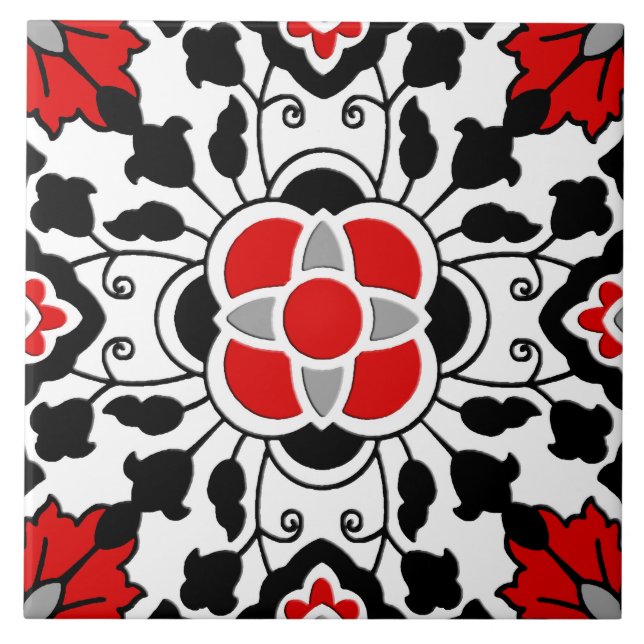 Floral Moroccan Tile, Deep Red, Black  and White Tile (Front)