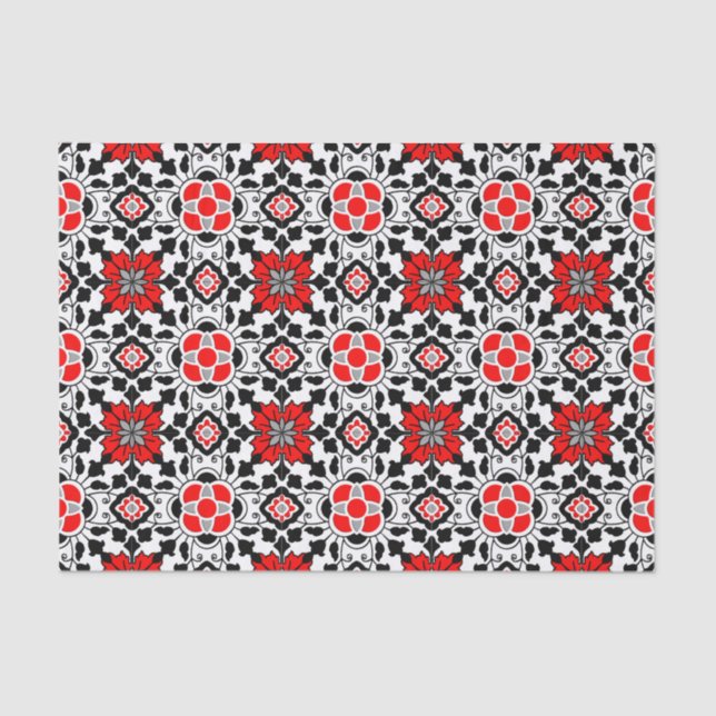 Floral Moroccan Tile, Deep Red, Black  and White Tissue Paper (Front)