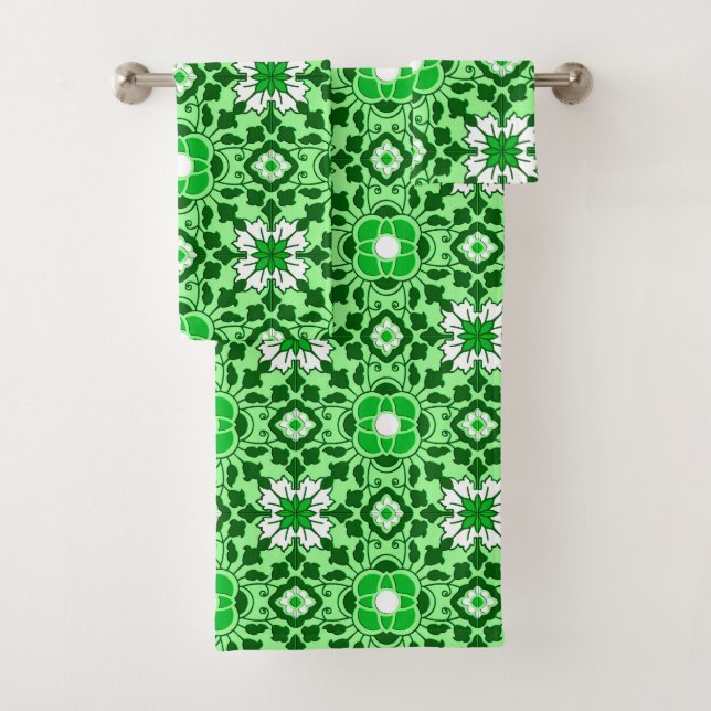Floral Moroccan Tile, Emerald and Lime Green Bath Towel Set (Insitu)
