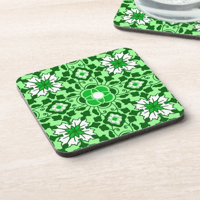 Floral Moroccan Tile, Emerald and Lime Green  Coaster (Left Side)