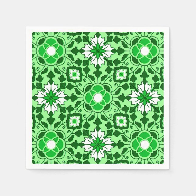 Floral Moroccan Tile, Emerald and Lime Green Napkin (Front)