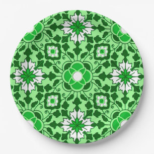 Floral Moroccan Tile, Emerald and Lime Green Paper Plate
