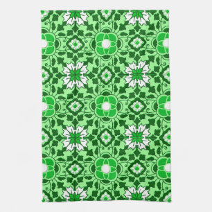 Floral Moroccan Tile, Emerald and Lime Green  Tea Towel