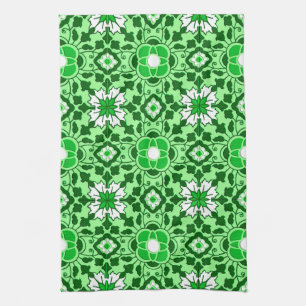 Floral Moroccan Tile, Emerald and Lime Green Tea Towel