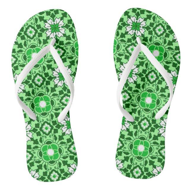 Floral Moroccan Tile, Emerald and Lime Green Thongs (Footbed)
