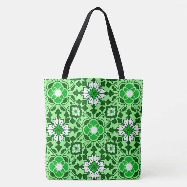 Floral Moroccan Tile, Emerald and Lime Green Tote Bag (Front)