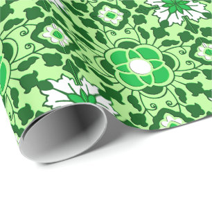 Floral Moroccan Tile, Emerald and Lime Green Wrapping Paper