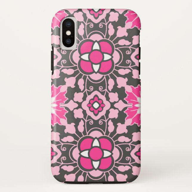 Floral Moroccan Tile, Fuchsia Pink & Grey / Grey Case-Mate iPhone Case (Back)