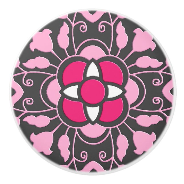 Floral Moroccan Tile, Fuchsia Pink & Grey / Grey Ceramic Knob (Front)