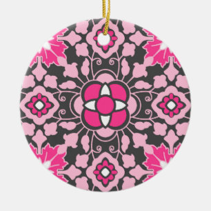 Floral Moroccan Tile, Fuchsia Pink & Grey / Grey Ceramic Ornament