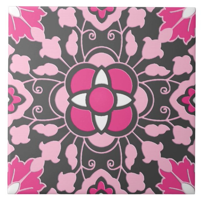 Floral Moroccan Tile, Fuchsia Pink & Grey / Grey Ceramic Tile (Front)