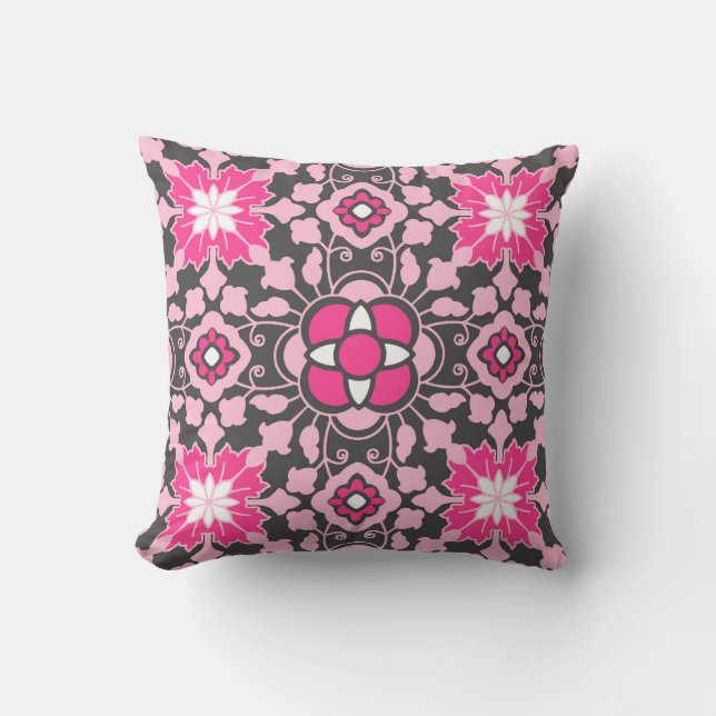 Floral Moroccan Tile, Fuchsia Pink & Grey / Grey Cushion (Front)