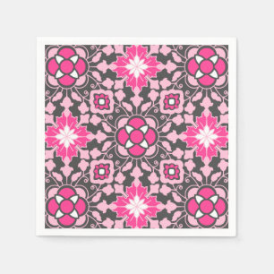 Floral Moroccan Tile, Fuchsia Pink & Grey / Grey Napkin