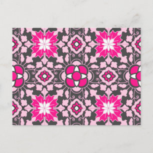 Floral Moroccan Tile, Fuchsia Pink & Grey / Grey Postcard