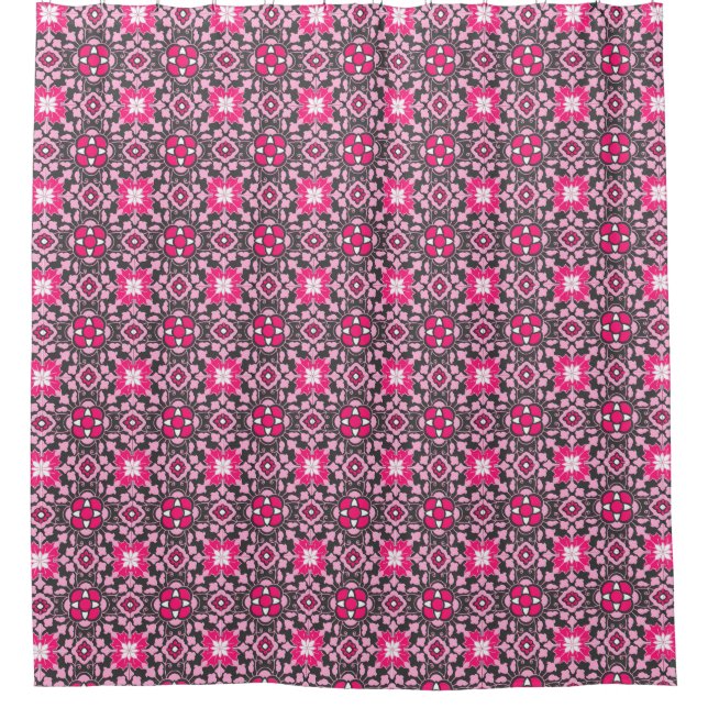 Floral Moroccan Tile, Fuchsia Pink & Grey / Grey Shower Curtain (Front)