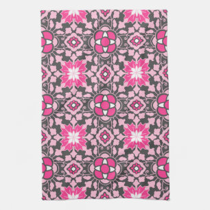 Floral Moroccan Tile, Fuchsia Pink & Grey / Grey Tea Towel