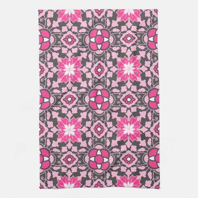 Floral Moroccan Tile, Fuchsia Pink & Grey / Grey Tea Towel (Vertical)