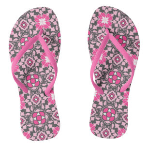 Floral Moroccan Tile, Fuchsia Pink & Grey / Grey Thongs