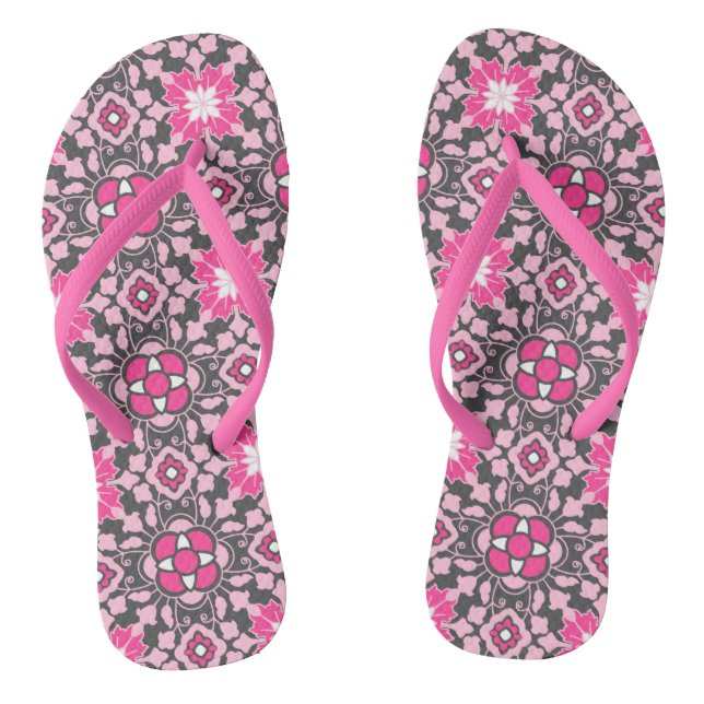 Floral Moroccan Tile, Fuchsia Pink & Grey / Grey Thongs (Footbed)