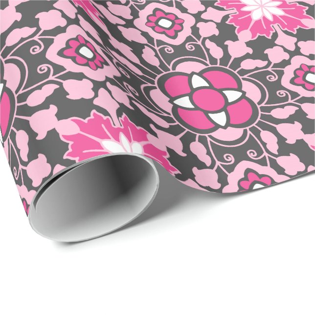 Floral Moroccan Tile, Fuchsia Pink & Grey / Grey Wrapping Paper (Roll Corner)