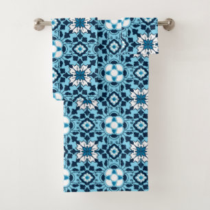 Floral Moroccan Tile, Indigo, Sky Blue and White Bath Towel Set