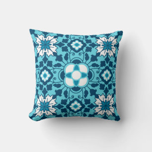 Floral Moroccan Tile, Indigo, Sky Blue and White Cushion