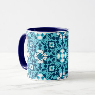Floral Moroccan Tile, Indigo, Sky Blue and White M Mug
