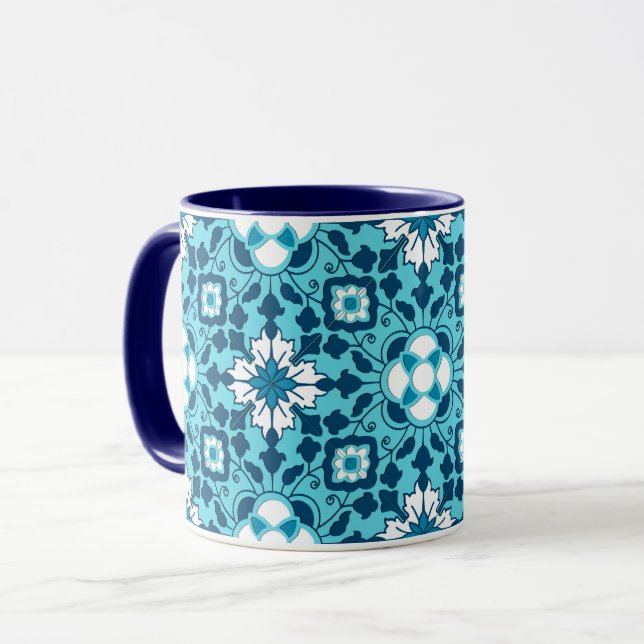 Floral Moroccan Tile, Indigo, Sky Blue and White M Mug (Front Left)