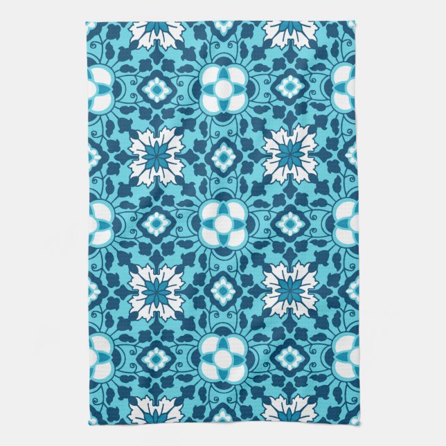 Floral Moroccan Tile, Indigo, Sky Blue and White Tea Towel (Vertical)