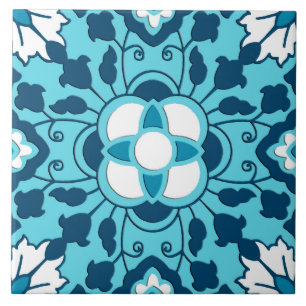 Floral Moroccan Tile, Indigo, Sky Blue and White Tile