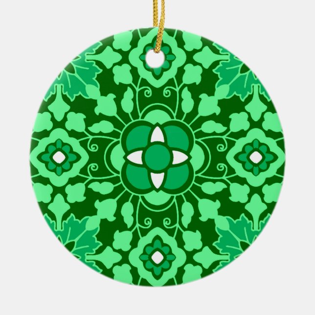 Floral Moroccan Tile, Light and Dark Jade Green Ceramic Ornament (Front)
