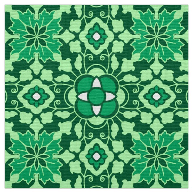 Floral Moroccan Tile, Light and Dark Jade Green Fabric (Swatch)