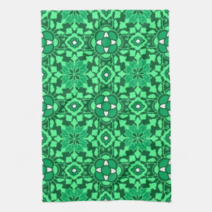 Floral Moroccan Tile, Light and Dark Jade Green Tea Towel