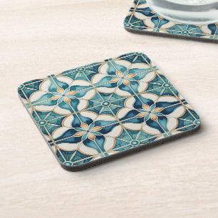 Floral Moroccan Tile Pattern#1 Teal White ID1078 Coaster
