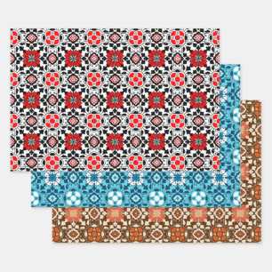Floral Moroccan Tile, Red/Back, Blue, Rust Wrapping Paper Sheet
