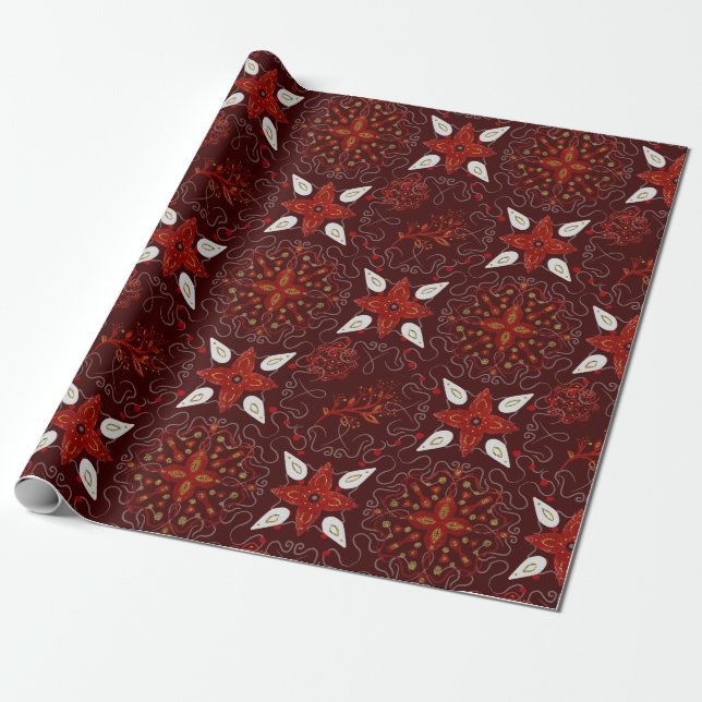 Floral Mosaic Pattern Of Red, White On Burgundy Wrapping Paper (Unrolled)