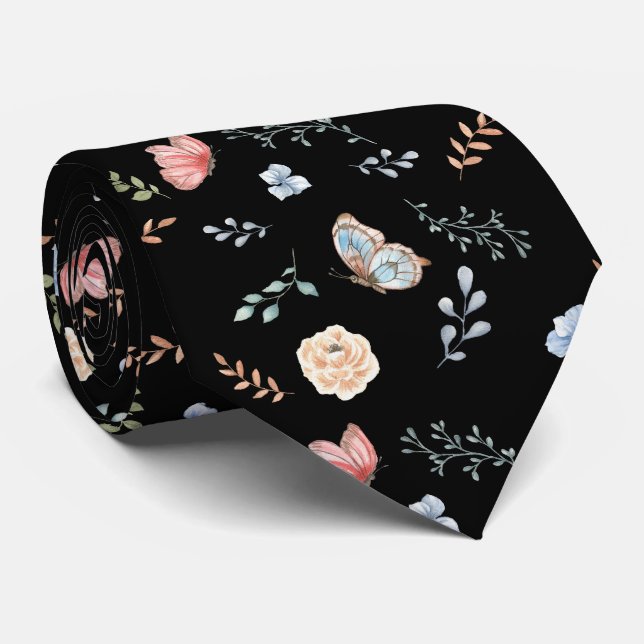 Floral Moth Butterfly Pattern Tie (Rolled)