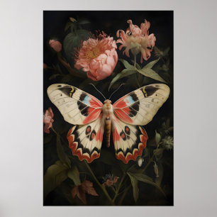Floral Moth Butterfly Print, Dark Academia Wall Poster