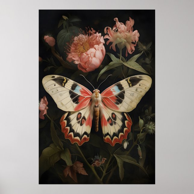 Floral Moth Butterfly Print, Dark Academia Wall Poster (Front)